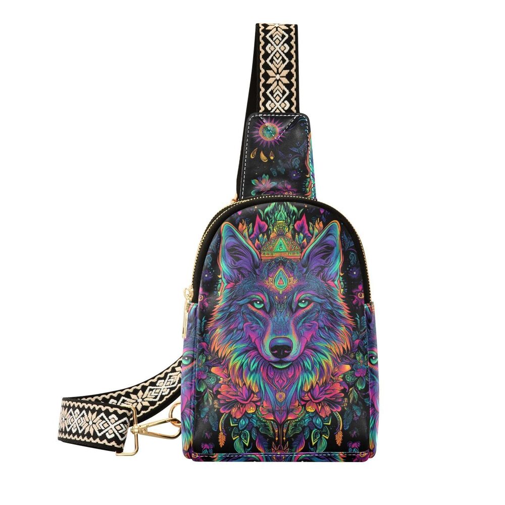 9416 Wolf Bag Small Sling Bag Tribal Wolf Neon Floral Leather Crossbody